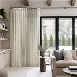 Extra Wide Pinch Pleat Curtains 84 Inches Long for Patio Sliding Glass Door Beige Oatmeal Linen 70 Inch Wide Curtain Memory Trained Pleated Drapes Hooks Rings 70x84 Curtain for Large Window 1 Panel