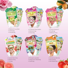 7th Heaven Pamper Hamper Skincare Set - 9 x Face Masks Skincare, 1 x Hair Masks for Dry Damaged Hair and 1 x Body Puff - Gift Set of Peel Off Face Masks & Clay Face Mask Sachets