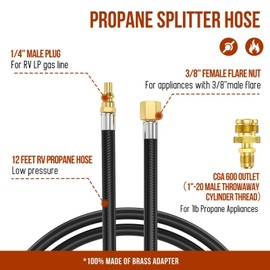 Manguera de conexión rápida de propano de 12 pies para RV a parrilla de gas, tuerca hembra de 1/4 pulgadas rápida a 3/8 pulgadas, con adaptador de electrodomésticos de 1 libra a tanques de 5 a 40 libras para parrilla Weber/Coleman/Blackstone, Buddy Heate