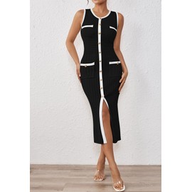 Pink Queen Women's 2025 Summer Dresses Sleeveless Slit Bodycon Midi Knitted Dresses Black S