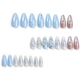 BAOYAALIN Blue Y2K Press on Nails Medium Almond Shaped Fake Nails with 3D Alloy Charms Design Full Cover Press ons Artificial Acrylic False Stick on Nail for Women Manicure 24Pcs