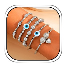 Evlry Boho-Armbänder-Set mit Bösen Blick, Herz-Armband mit silber Perlen, Accessoires für Frauen und Mädchen (5 Stück)