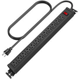 HHSOET Rotating Mountable Power Strip, 12 Outlet Wall Mount Surge Protector, Metal Heavy Duty and Versatile Outlet Strip, Stylish Appearance, Sturdy and Durable, 6ft Power Cord.(Black)