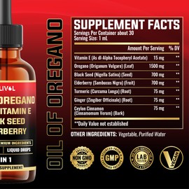 MILIVOL 7in1 Liquid Oregano Drops with Black Seed, Elderberry, Turmeric, Ginger & Ceylon Cinnamon – Immune & Digestive Support – 1 FL Oz – 30 Days