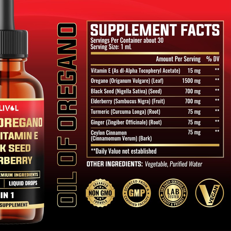 MILIVOL 7in1 Liquid Oregano Drops with Black Seed, Elderberry, Turmeric,