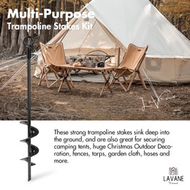 18 inch Trampoline Stakes Kit, LA VANE 4-Pack Spiral Ground Anchors Tent Stakes Heavy Duty Screw in Earth Anchors High Wind Metal Auger Anchor for Shed Swing Sets Carports Camping Tent Canopies