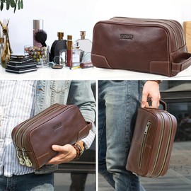 Contacts Toiletry Bag with Lock for Men Genuine Leather Travel Cosmetic Bag Shaving Dopp Kit Organizer Clutch with Handle and Double Combination Lock