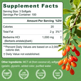 Berberine HCl 1000mg, 300 Softgels Plus MCT Oil for Berberine Absorption