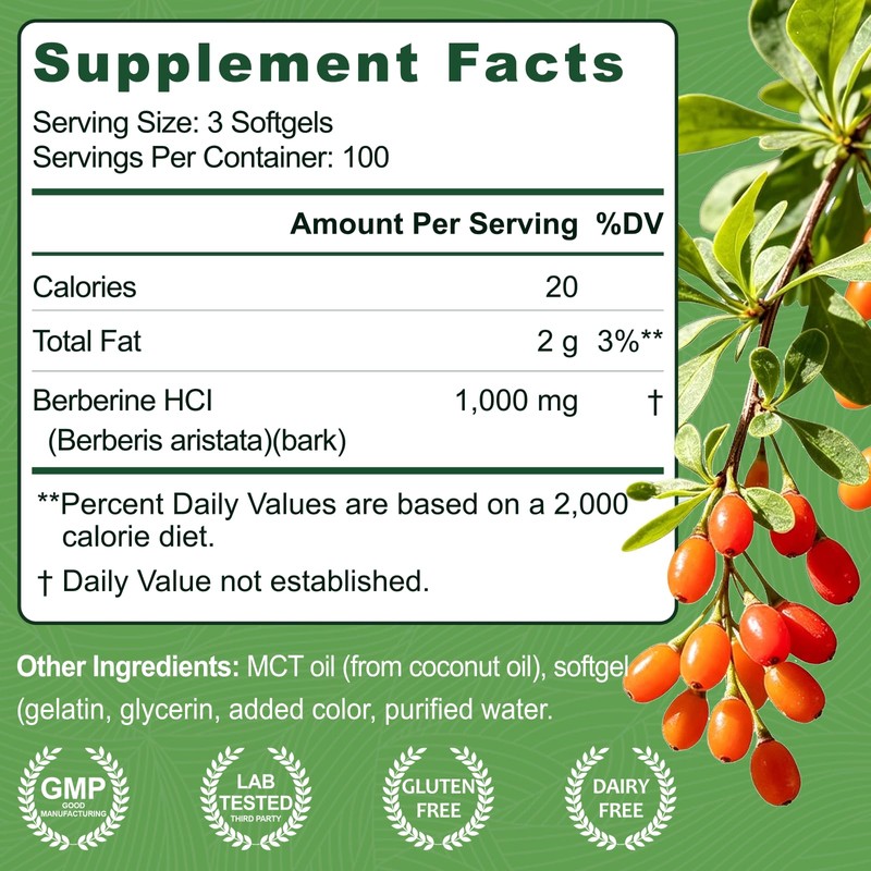 Berberine HCl 1000mg, 300 Softgels Plus MCT Oil for Berberine