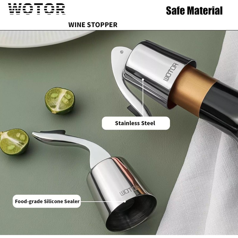 WOTOR Stainless Steel Wine Bottle Stoppers with Silicone - Reusable