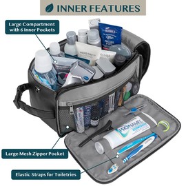 PAVILIA Neceser para hombres, bolsa de aseo de viaje | Kit Dopp resistente al agua, organizador de piel sintética para accesorios de tocador, aseo, higiene, cosméticos (grande, negro)