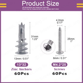 Swpeet 120 Pieces Heavy Duty Zinc Self-Drilling Drywall Anchors with #8 x 1-1/4 Inch Screws Kit, No Pre-Drilling Hole Preparation Required - Self-Tapping Drywall Anchors