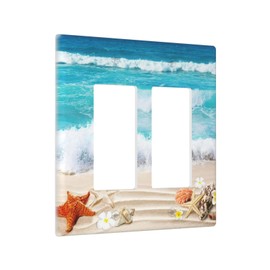 Blue Ocean White Sand Beach 2 Gang Wall Plate Covers Seashells Starfish Double Rocker Light Switch Cover Decorative Wallplate Face Plates for Electrical Outlets Kitchen Bathroom Bedroom 4.5 x 4.5