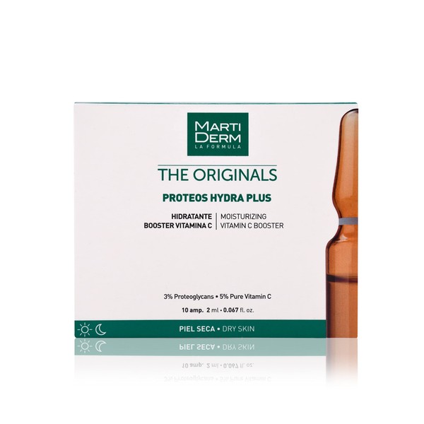 MartiDerm Proteos Hydra Plus Ampoule for Women and Men with 5% Proteoglycans and Pure Vitamin C, Provides Luminosity and helps to Improve the Appearance of Signs of Premature Aging, 10 Ampoules.