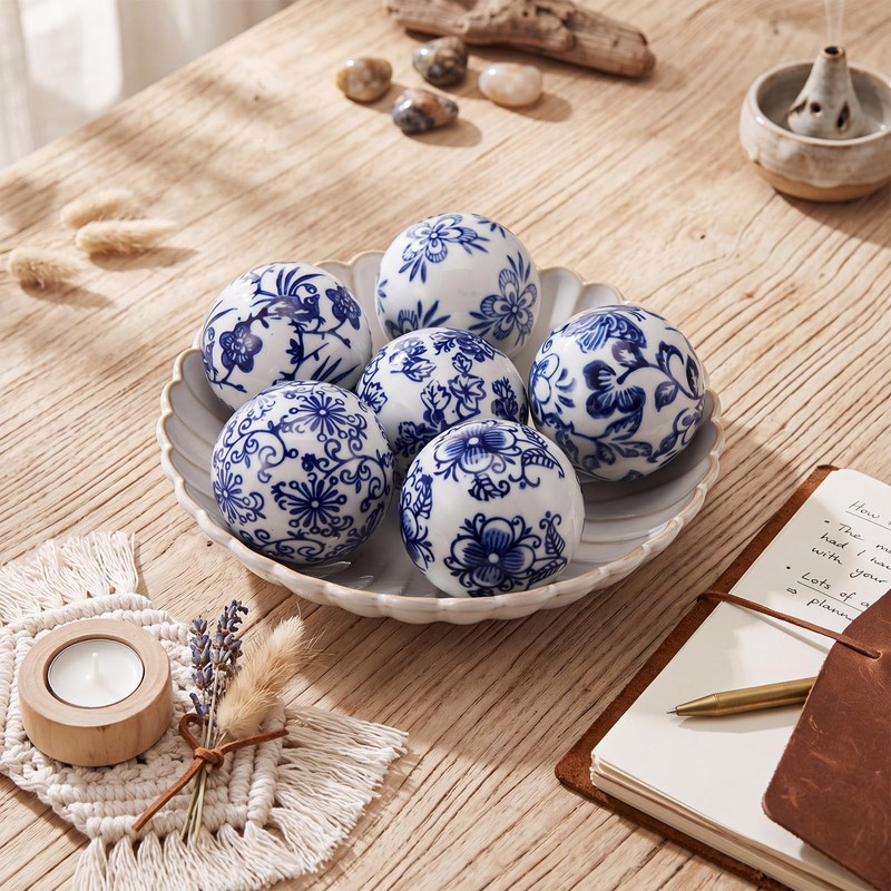 6 Pcs Blue and White Ceramic Ball Decor, Pattern 6