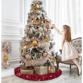 FUHSY Burgundy Christmas Tree Skirt Velvet Glitter Sequin Tree Skirt 36 Inches Holiday Party Tree Decorations Burgundy Shimmer Tree Skirt Cover Sparkly Tree Skirts Maroon Skirt for 6ft Christmas Tree