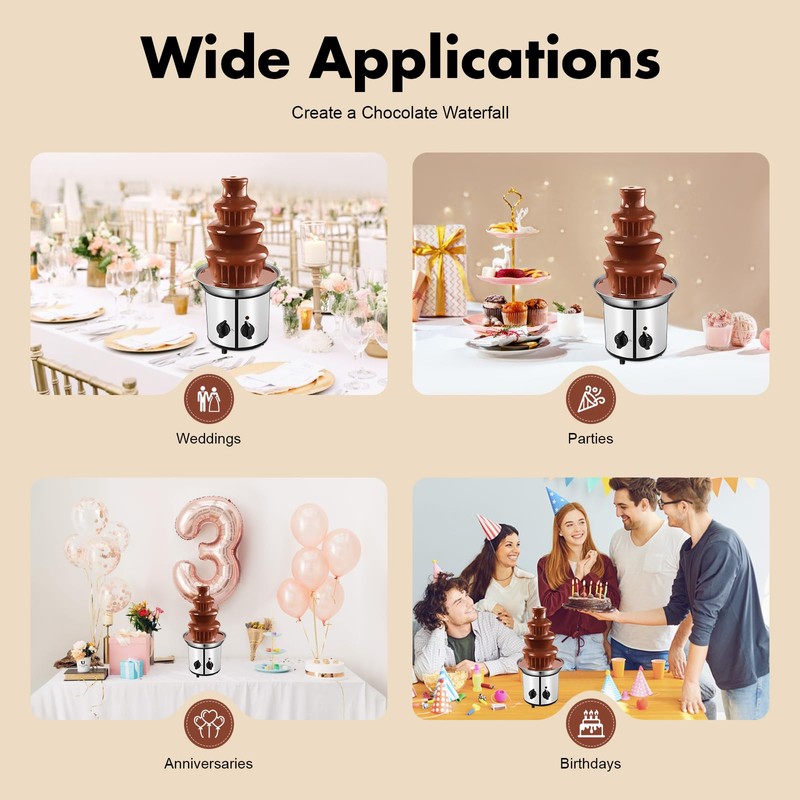 CUBELLIN Electric Chocolate Fondue Fountain Machine 4-Tier Chocolate Waterfall Fountain