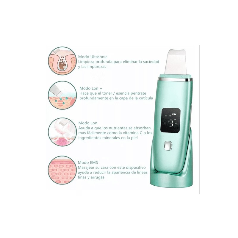 Limpiador Facial Skin Scrubber Peeling Ultrasónico Portátil Verde
