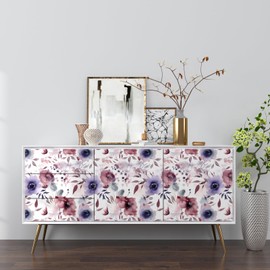 Watercolor Floral Wallpaper Peel and Stick, Flowers Contact Paper 17.5" x 118", Botanical Wall Paper Removable Self Adhesive Waterproof for Room Shelves Cabinet Drawer Table Decor (White,Purple,Blue)