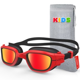 Emsina Kids Swim Goggles,Super Anti-Fog Swimming Goggles for Kids Age 7-12 Boys and Girls(BlackRed-redLens)