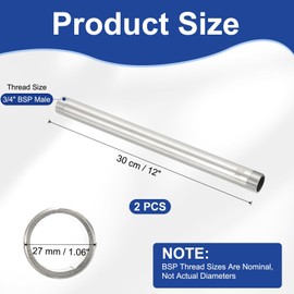 PATIKIL 304 Stainless Steel Pipe Fitting, 2 Pack 3/4" BSP Male x 3/4" BSP Male Threaded 12" Length Nipple Cast Pipe for Extending Piping, Silver