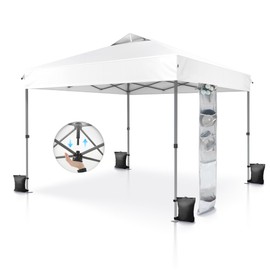 PHI VILLA 10x10ft Pop Up Canopy Tent Instant Portable Shelter One Person Push Tent Canopy with Wheeled Carry Bag, 4 Weight Bags, Straight Legs- White