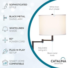 Catalina Lighting 24288-000 Traditional Swing Arm Floor Lamp for Office, Living Room, Dorm or Bedroom, Smart Home Compatible, Bulb Not Included, 60", Black