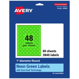 Avery Printable Round Labels with Sure Feed Technology, 1" Diameter, Neon Green Labels, Print-to-The-Edge, Laser/Inkjet, 3,840 Total, Great for Price Stickers and Mailing Seals