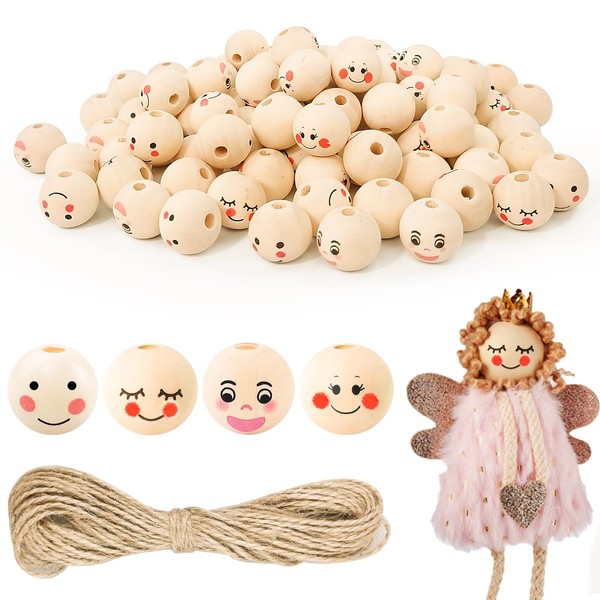 Furuising Pack of 100 4 Styles Wooden Beads with Face,