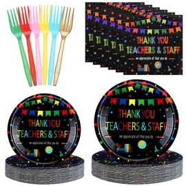 96 Pcs Teacher Appreciation Party Supplies for 24 Guests Employee We Appreciate You Thank You Teacher Staff Tableware Set Paper Plates Napkins Fork for Coworker Retirement Grad Party(Black,Classic) | Reallnaive