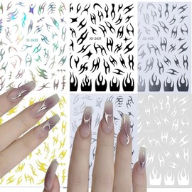 6Pcs Flame Nail Art Stickers Decals Irregular Laser Fire Nail Decals Holographic Colorful Flame Nail Art Supplies 3D Self-Adhesive Fish Bone Nail Stickers for DIY Acrylic Nail Art Decorations Charms