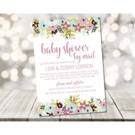 Girls Lavender And Mint Baby Shower By Mail Invitations, Virtual Baby Shower Invitation Card Sets With Matching Return Address Labels, Far Away Baby Shower Invitations For Girls