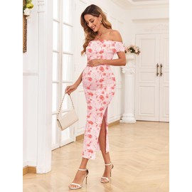 AISWI Maternity Mesh Split Dress Off The Shoulder Ruched Bodycon Pregnancy Dresses Baby Shower Photoshoot, Without Belt, Floral2: Pink Rose, Small