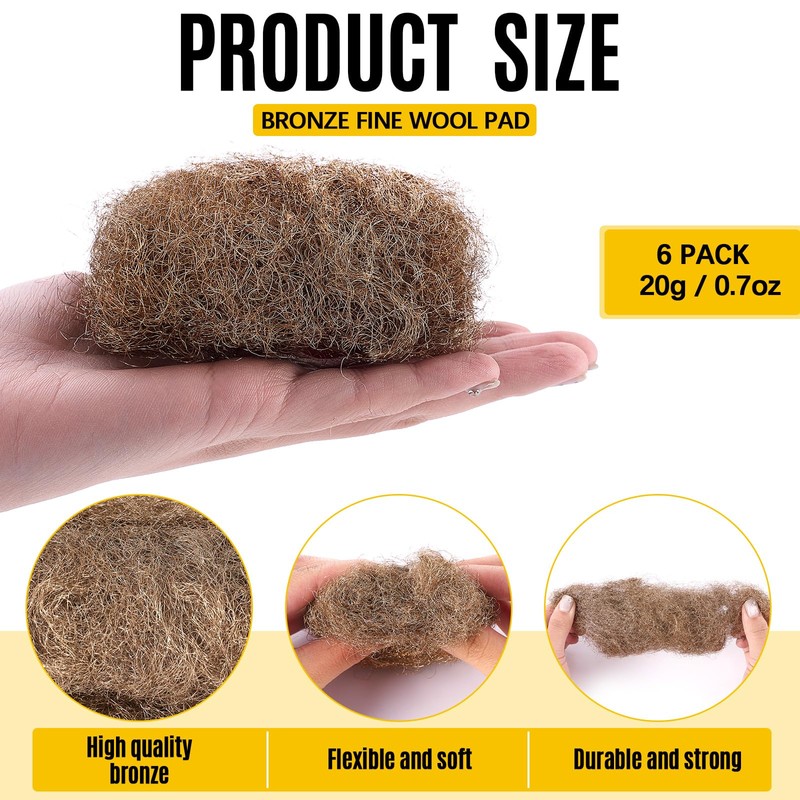 Teenyyou 6 Pcs Fine Grade Bronze Wool Pads 0.7 Ounce