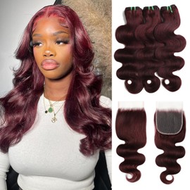 HERMOUS Double Drawn 12A Dark Burgundy 99J Bundles with 5x5 HD Closure Human Hair Body Wave, 100% Raw Hair Full Thick Sew In Colored #99J Cherry Red 3 Bundles with 5x5 Closure Larger Lace 14 16 18+14