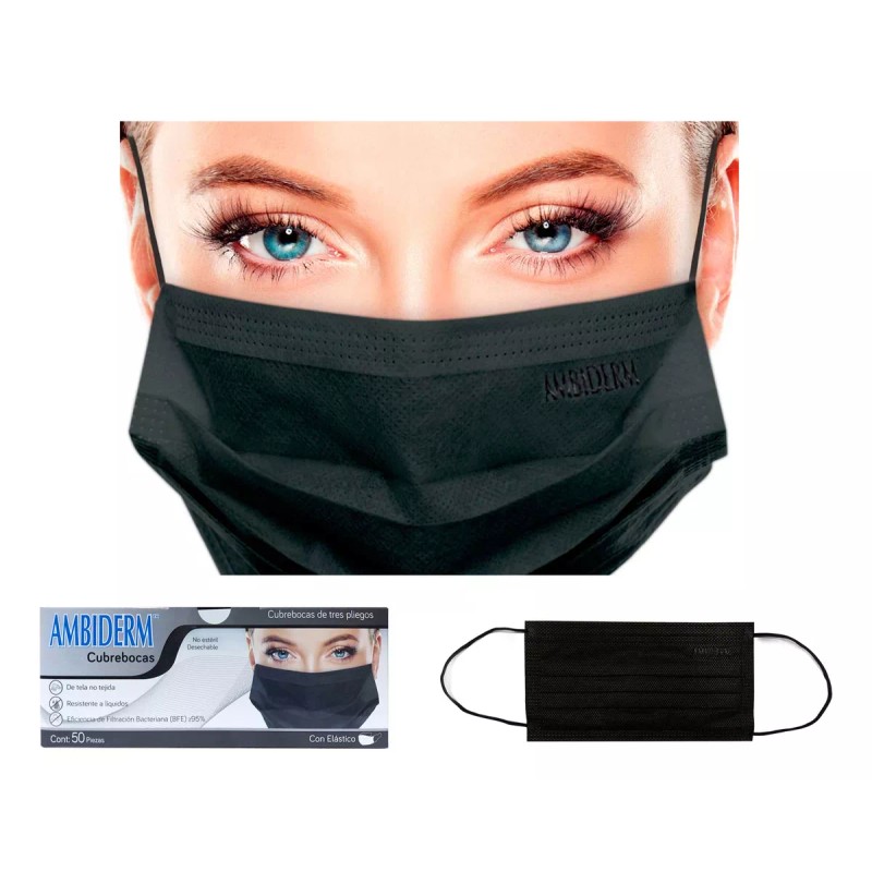 Ambiderm Cubre Bocas Tres Pliegos Ambiderm Negro Termosellado 150pz