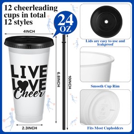 SiliFine 12 Set Cheerleading Plastic Cups with Lids and Straws, Cheer Reusable Cups Bulk with Lids Cheerleading Plastic Tumblers for Cheerleading Party Supplies Cold Drink, 24 oz