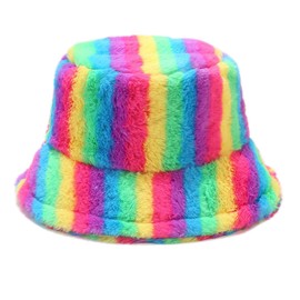 Umeepar Winter Faux Fur Fuzzy Bucket Hat Fluffy Warm Hat for Women Men (Colorful Rainbow Stripes)