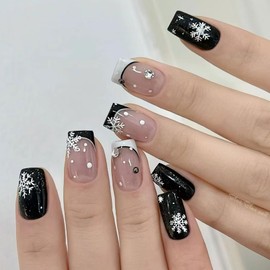 Black French Fake Nails Short,24pcs Black Pink Snow Diamond False Nails Glossy,Black French Press on Nails,Acrylic French Stick on Nails with Glue,Full Cover Fake Nails Home DIY Manicure Nail Art