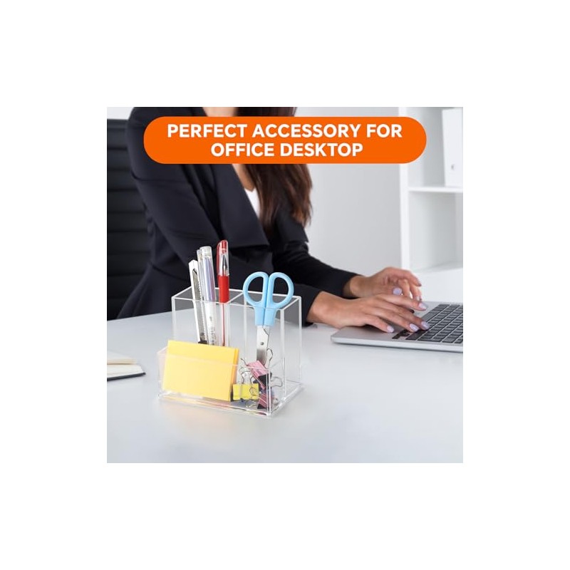 Clear Acrylic Pen Holder with 3 Compartments for Desk Organization