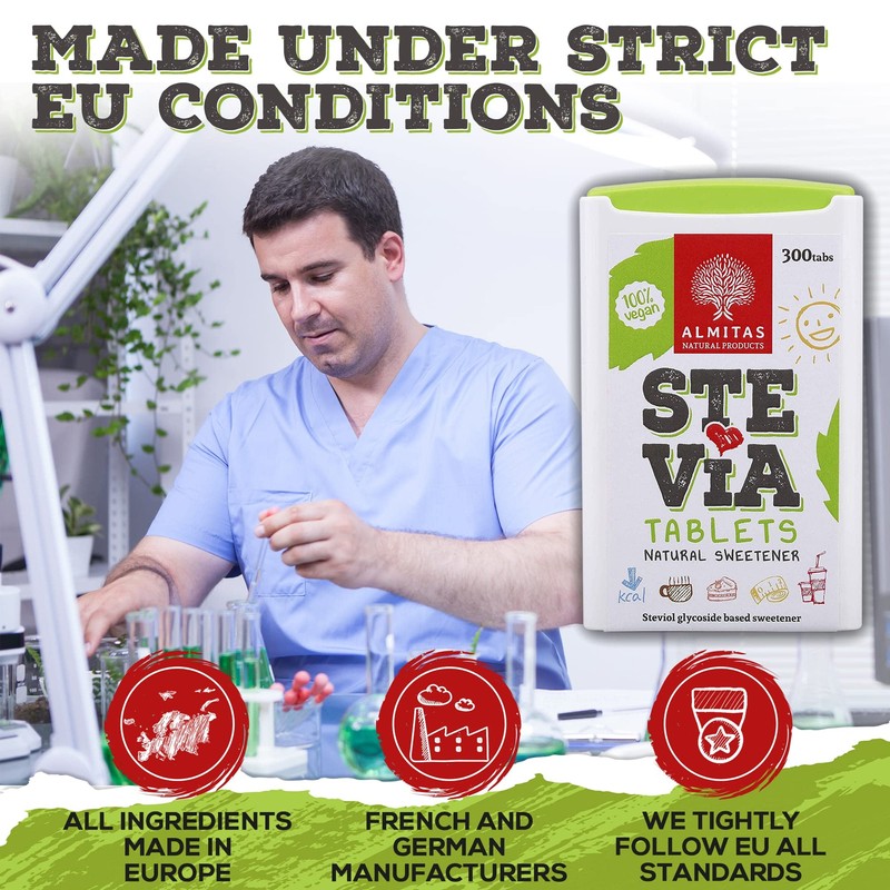 Stevia Tablets Sweetener (300 tabs), Made in Germany, For Coffee