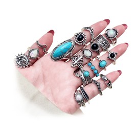 17IF 19 Pcs Vintage Silver Knuckle Rings Set for Women Turquoise Bohemian Black Crystal Colorful Stone Rings Aesthetic Grunge Stackable Gothic Ring Adjustable Punk Bulky Boho Finger Alt of Ring Pack
