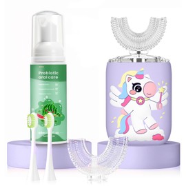 ELOTAME Kids Electric U Shaped Toothbrush Unicorn Rechargeable Sonic Toothbrush with 4 Soft Brush Heads with Kid Toothpaste IPX7 Waterproof - (Age 2-15, Purple)
