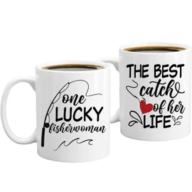 Coupele Gifts,One Lucky Fisherman,Best Catch of His Life Couple Mugs Wedding Gifts for Couples Fishing Couple Matching Mugs Perfect Couples Gift for Anniversary Engagement Couple Coffee Mugs