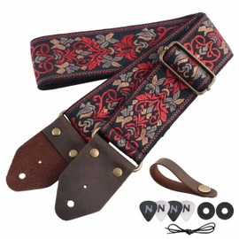 Nefelibata Guitar Strap, Jacquard Embroidery Cotton Guitar Straps with Crazy Horse Leather Ends for Bass, Electric & Acoustic, Gifts for Kids, Guitarists, Retro Red Flower