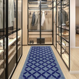 REMNAZ Coastal Home Floor Runner Rug, Seaside Rich Blue with Grey Hue, Anti-Slip Grip Backing, Stain Resistant, Nautical Style, 10 ft Long