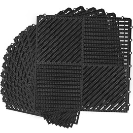 MYFAMIREA Modular Interlocking Cushion 12 Pack 11.8" x 11.8" Rubber Floor Tiles Non-Slip Splicing Drainage Mats for Deck, Pool, Shower, Patio, Balcony, Bathroom, Kitchen, Yard (2 Rows Dots, Black)