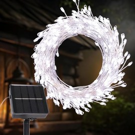 PCORES 20FT 200LED Solar String Lights, Outdoor Waterproof 8 Modes, Silver Copper Wire Firecracker Fairy Lights | Solar-Powered Decor for Patio, Balcony, Wedding, Christmas (Cool White)