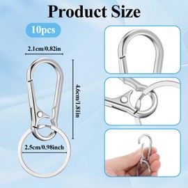 BOHUIZ 10 Packs Metal Keychain Carabiner Clip, Stainless Steel Heavy Duty Key Chain, Keyring Key Ring Chain Clips Hook Holder Key Organizer for Men Women,Silver