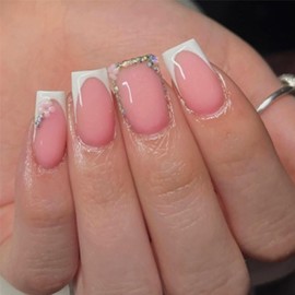 24Pcs Short Press on Nails Square Fake Nails White French Tip Stick on Nails Full Cover Gem Rhinestones False Nails Reusable Spring Flower Glue on Nails Nude Pink Acrylic Nails for Women Manicure